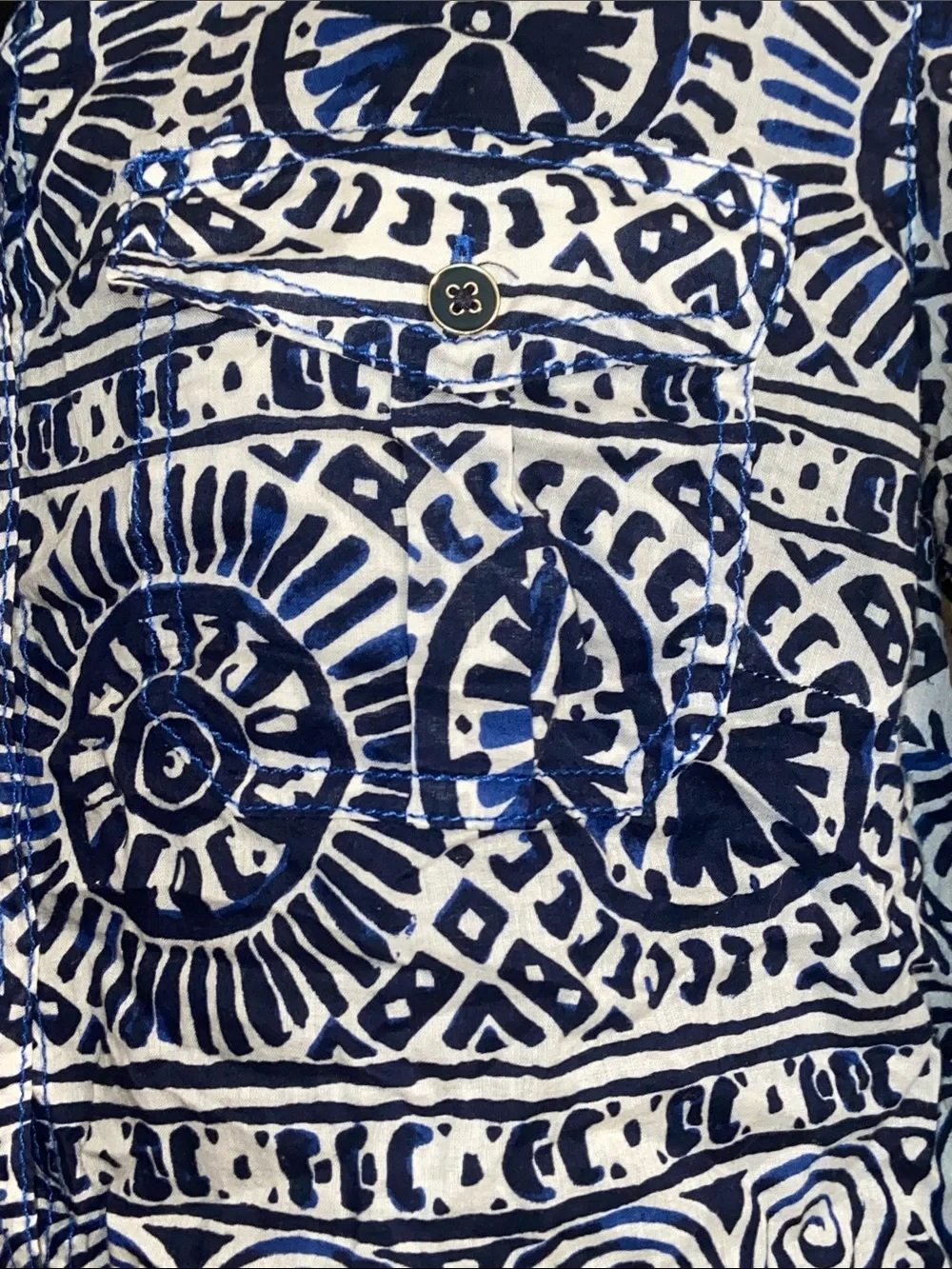 TORY BURCH GEO MEDALLION BUTTON DOWN SHIRT Navy Blue & Tan